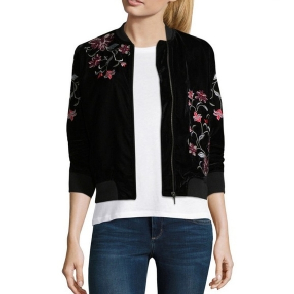 A.N.A. Rose Embroidery Velvet Bomber Jacket Size L - Picture 2 of 13